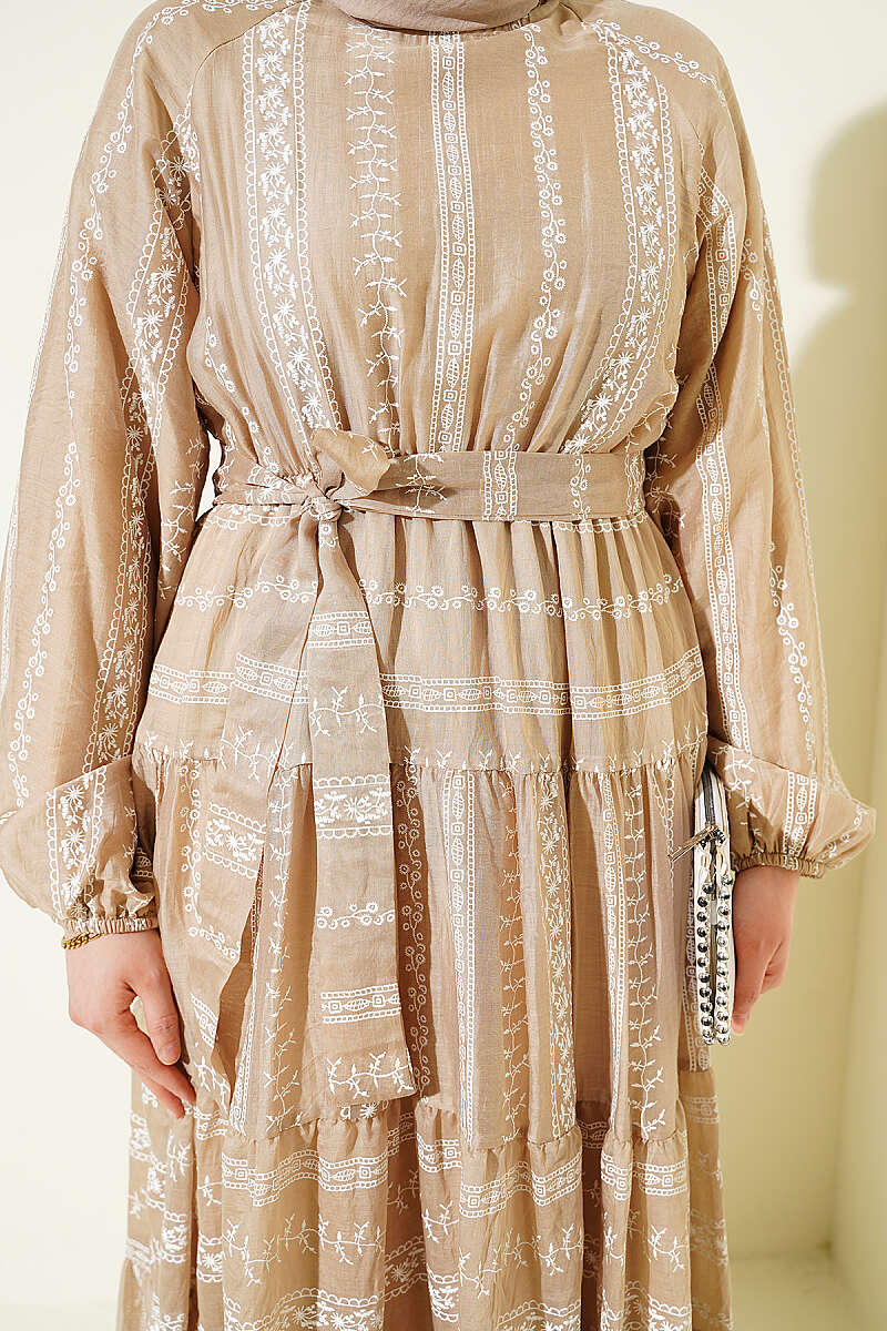 Embroidered Lace-Up Dress - Mink