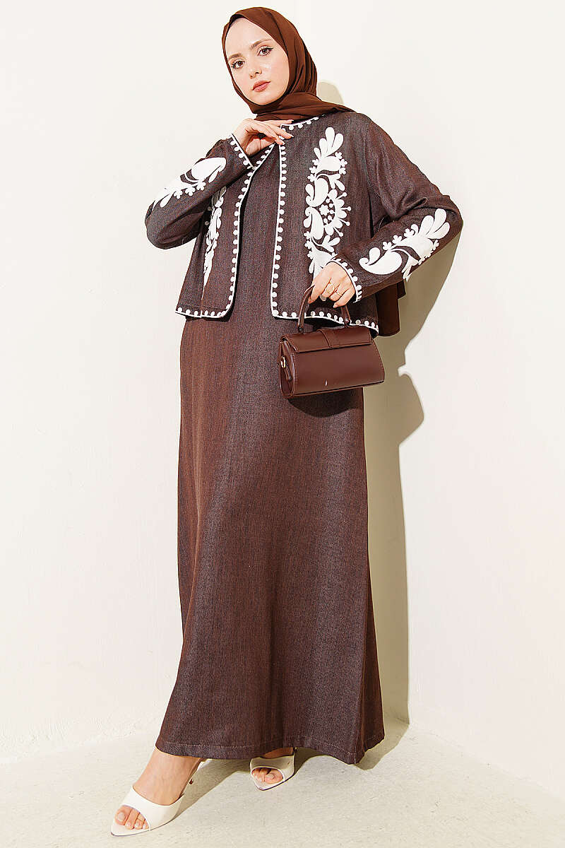 Embroidered Pinafore Set with Jacket - Brown