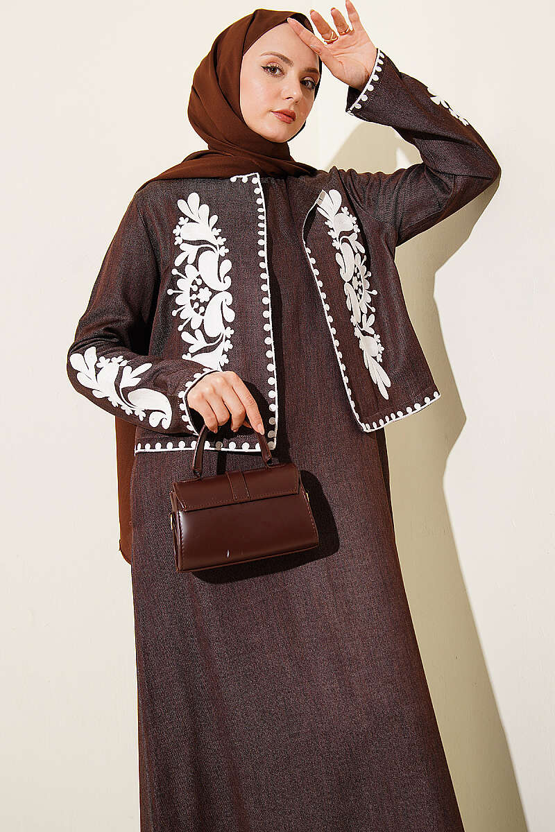 Embroidered Pinafore Set with Jacket - Brown