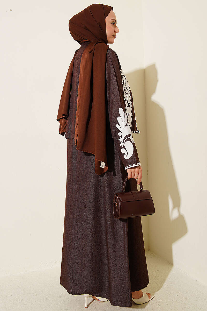 Embroidered Pinafore Set with Jacket - Brown