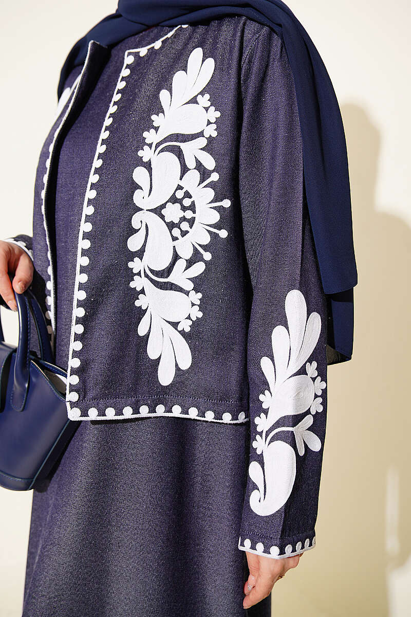 Embroidered Pinafore Set with Jacket - Navy
