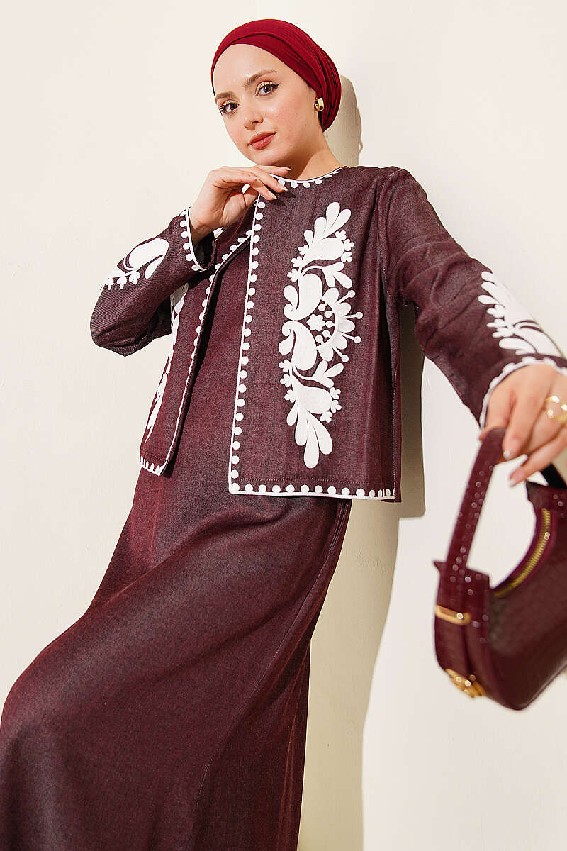 Embroidered Pinafore Set with Jacket - Cherry