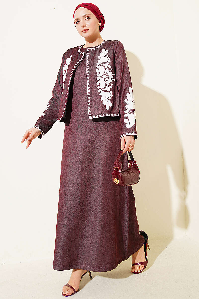 Embroidered Pinafore Set with Jacket - Cherry