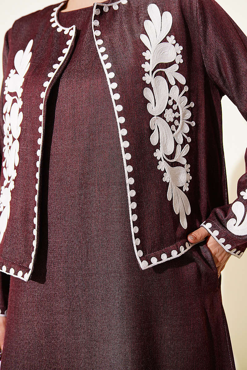 Embroidered Pinafore Set with Jacket - Cherry
