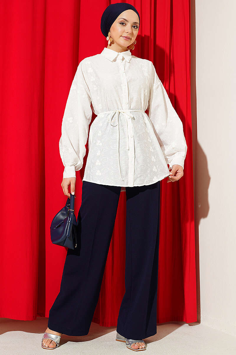 Embroidered Shirt with Tie Belt - Ecru