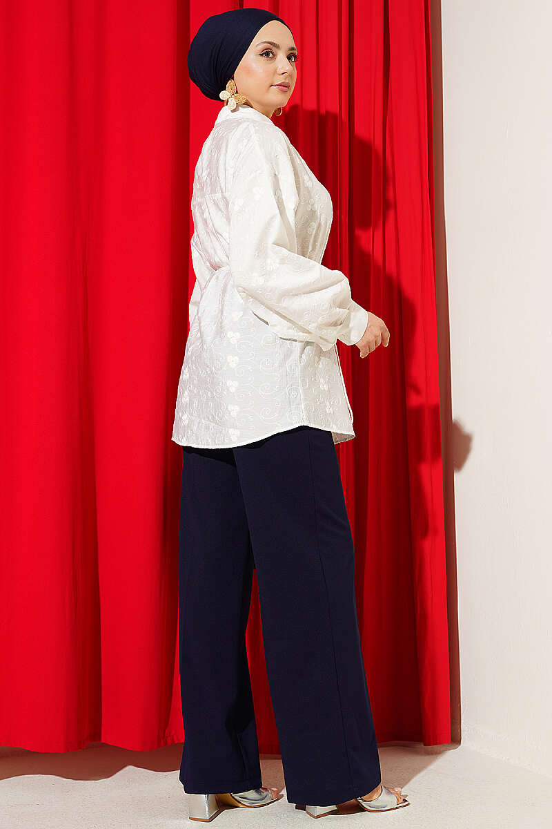 Embroidered Shirt with Tie Belt - Ecru