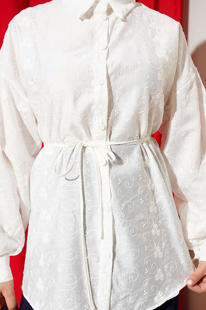 Embroidered Shirt with Tie Belt - Ecru