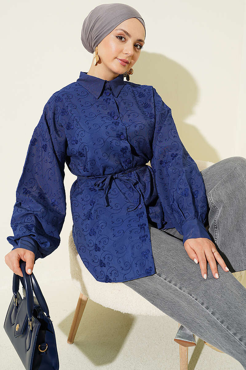 Embroidered Shirt with Tie Belt - Navy