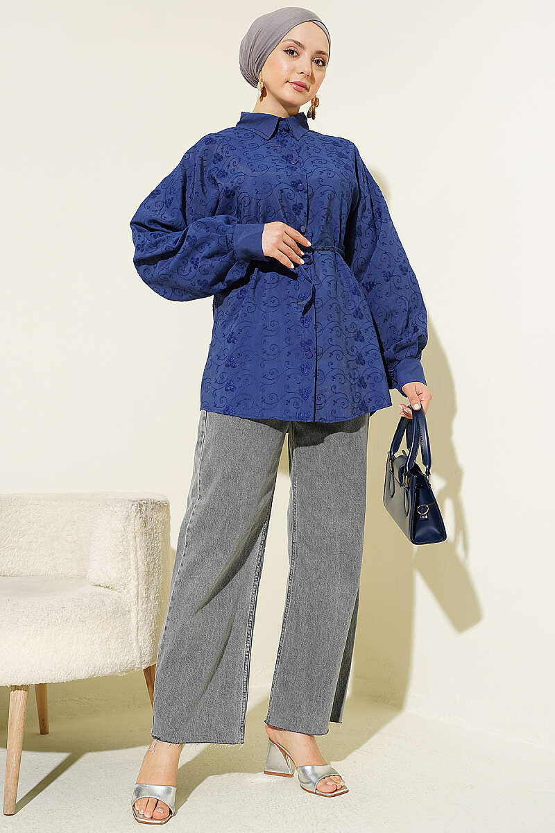 Embroidered Shirt with Tie Belt - Navy