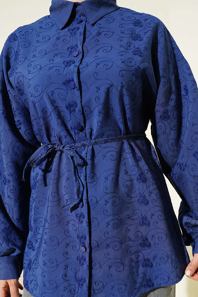 Embroidered Shirt with Tie Belt - Navy