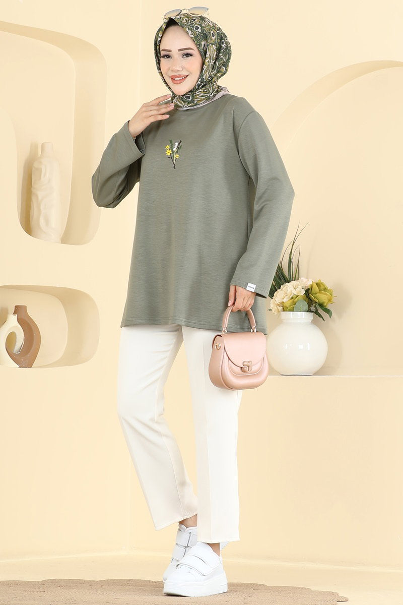 Embroidered Modal Tunic - Almond Green