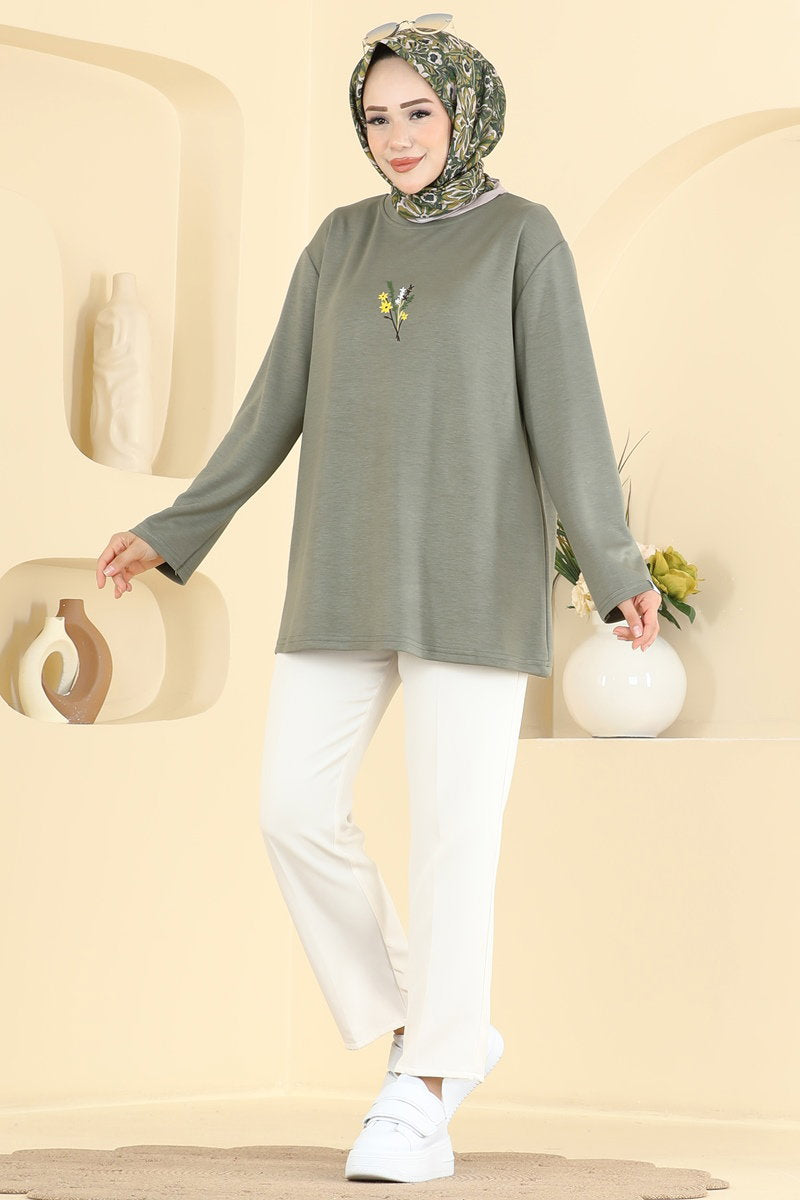 Embroidered Modal Tunic - Almond Green