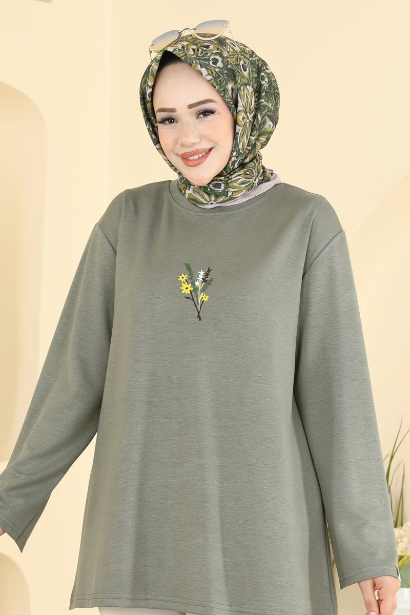Embroidered Modal Tunic - Almond Green