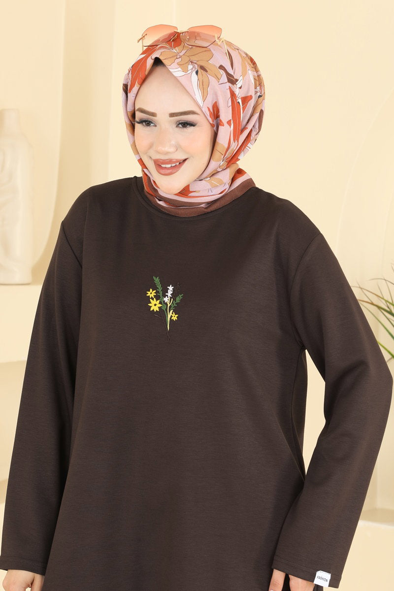 Embroidered Modal Tunic - Brown