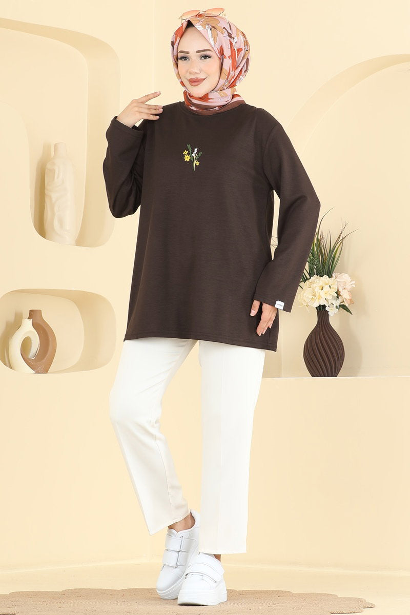 Embroidered Modal Tunic - Brown