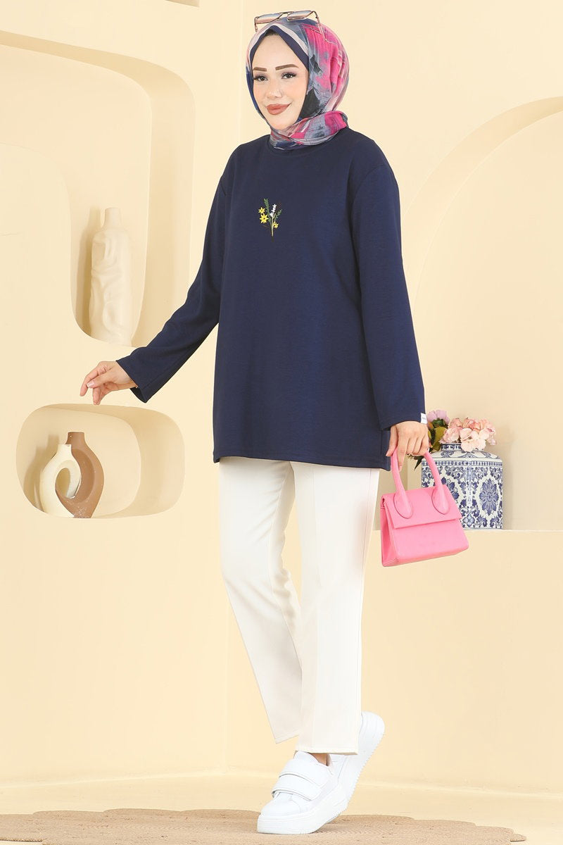 Embroidered Modal Tunic - Navy