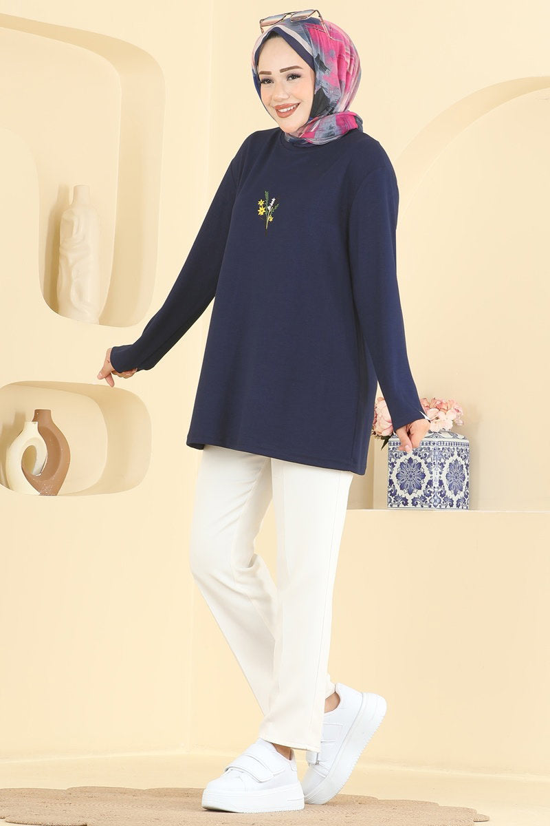 Embroidered Modal Tunic - Navy