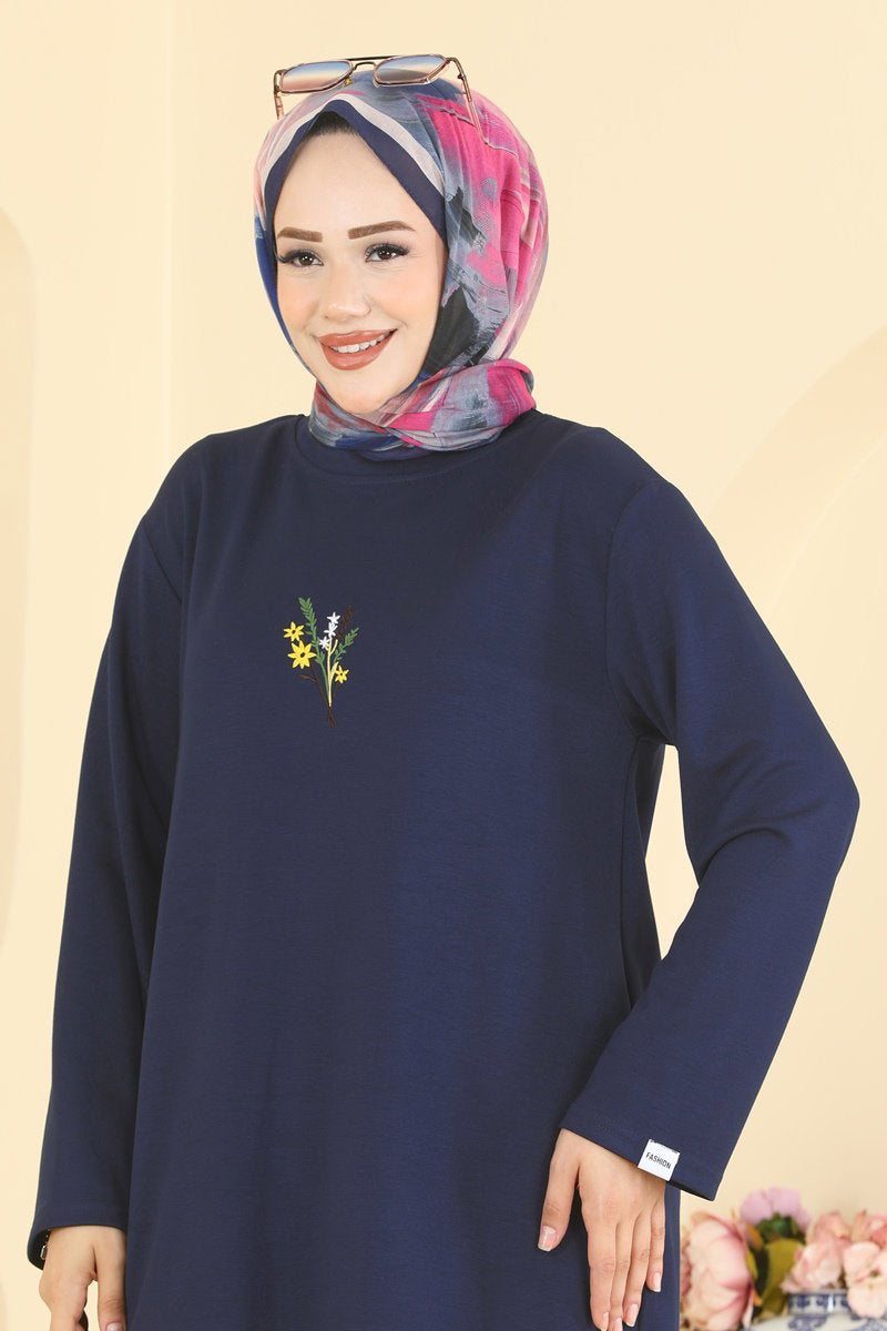 Embroidered Modal Tunic - Navy