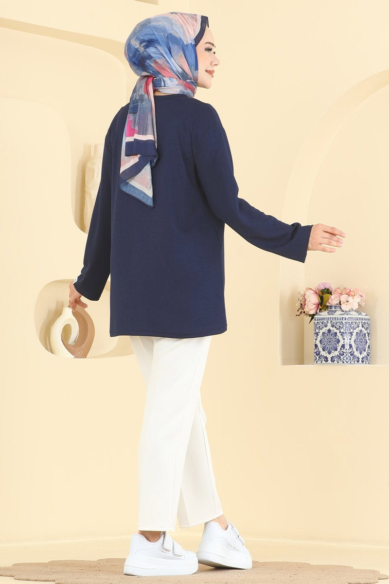 Embroidered Modal Tunic - Navy