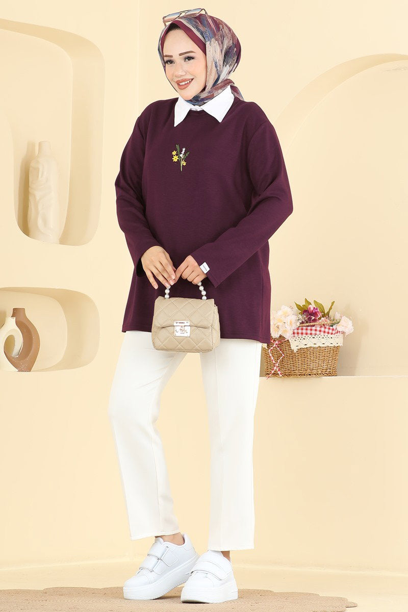 Embroidered Modal Tunic - Plum