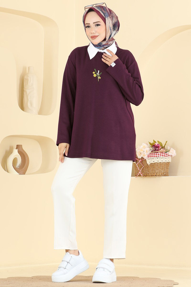 Embroidered Modal Tunic - Plum