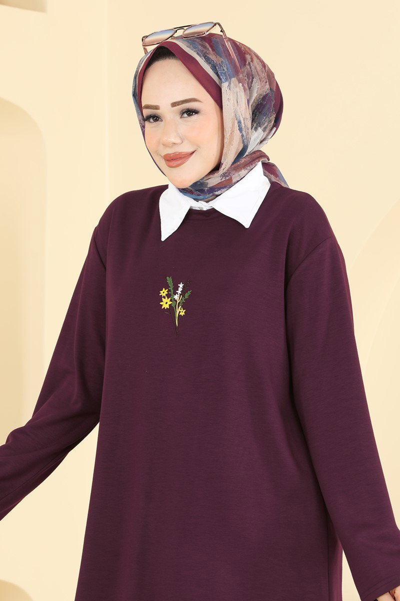 Embroidered Modal Tunic - Plum