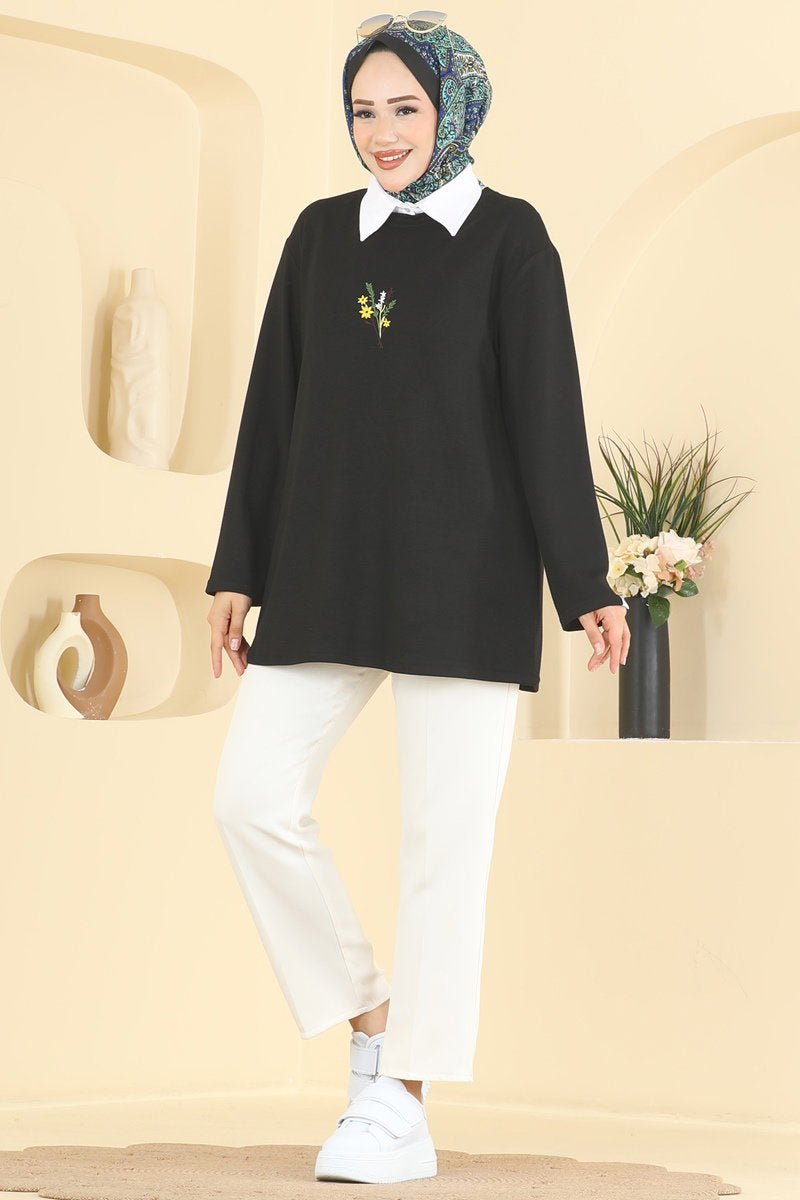 Embroidered Modal Tunic - Black