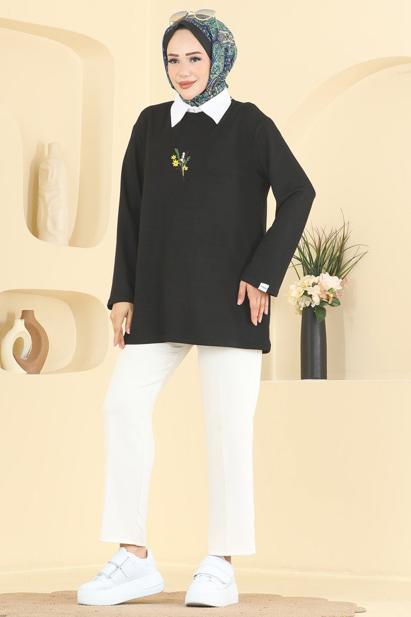 Embroidered Modal Tunic - Black