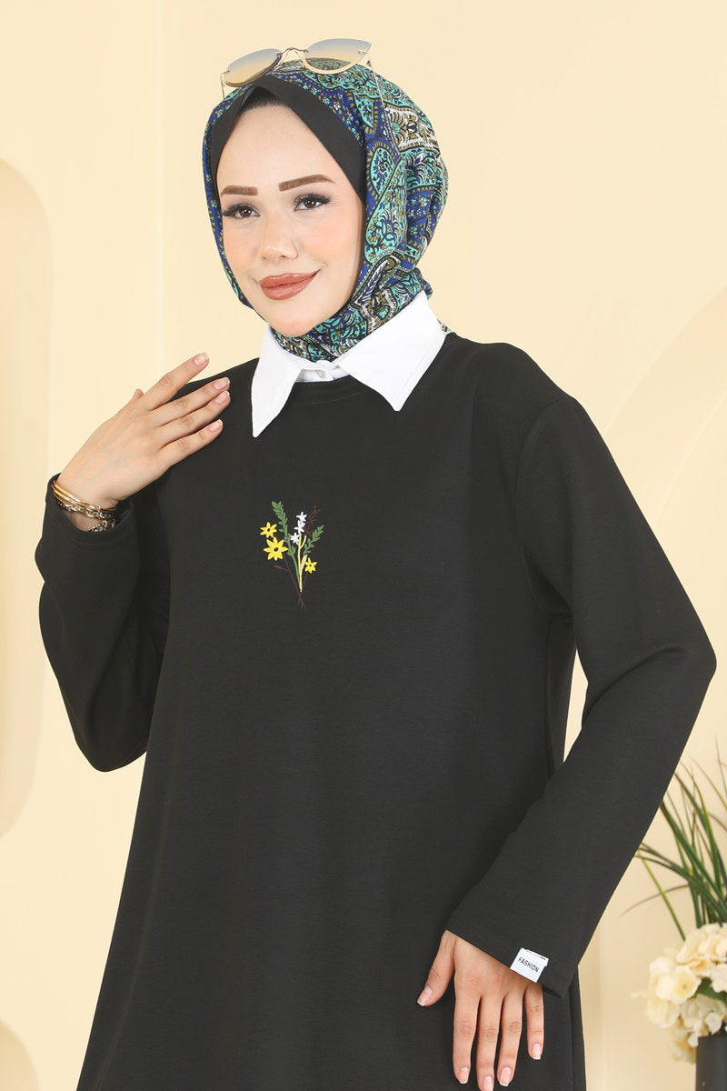 Embroidered Modal Tunic - Black
