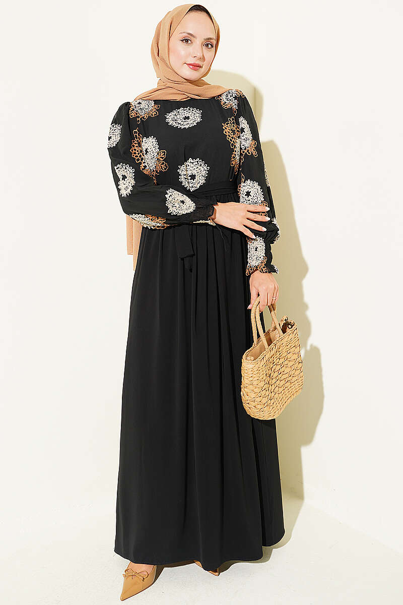 Embroidered Chiffon Dress - Camel