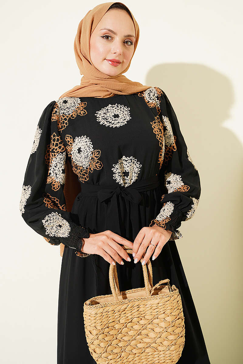 Embroidered Chiffon Dress - Camel