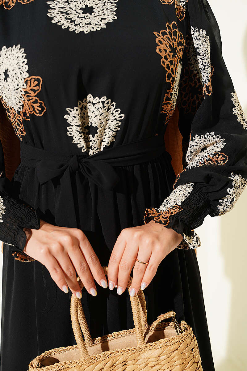 Embroidered Chiffon Dress - Camel