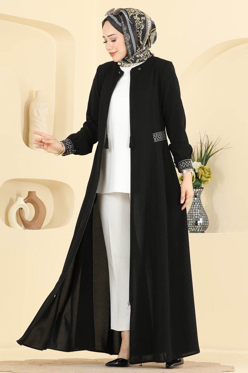 Long Embroidered Abaya Coat - Black