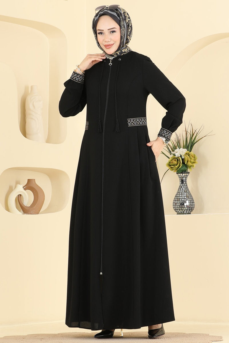 Long Embroidered Abaya Coat - Black
