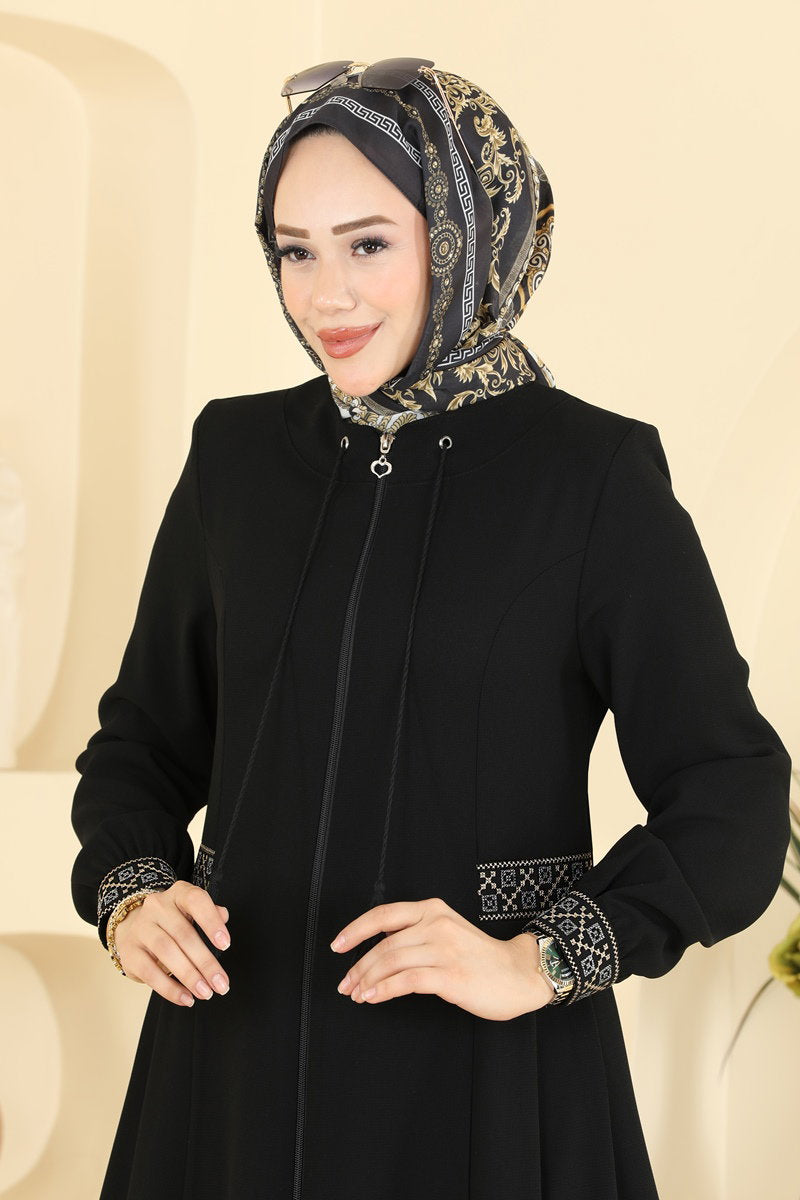 Long Embroidered Abaya Coat - Black