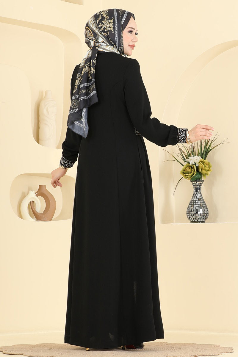 Long Embroidered Abaya Coat - Black