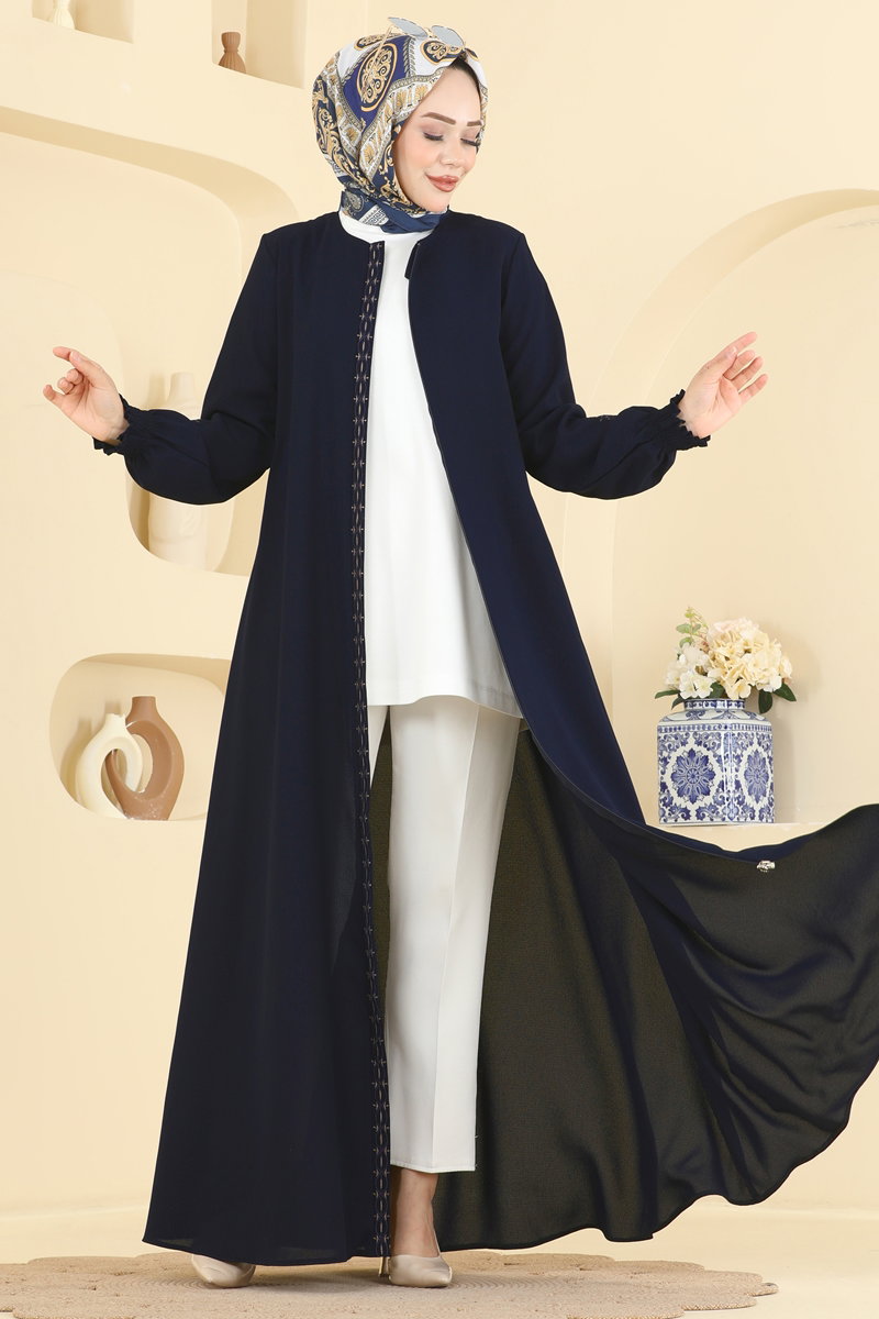 Embroidered Zip Abaya Coat - Navy