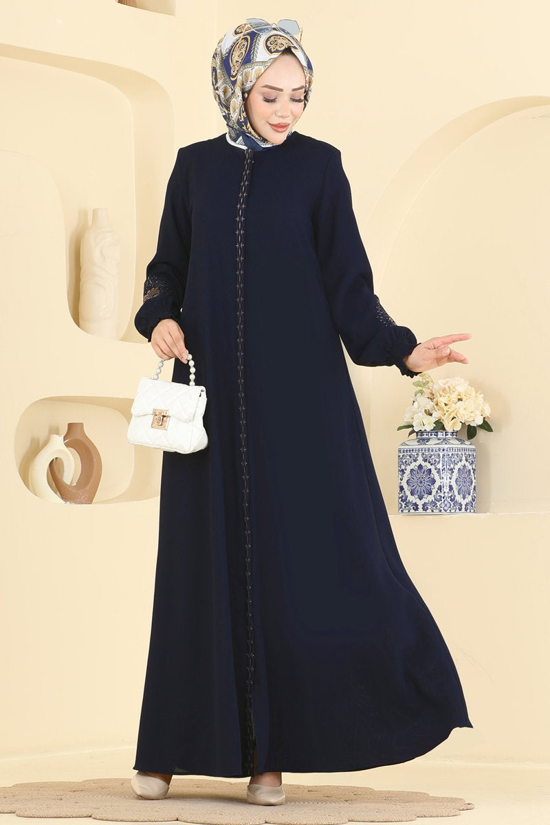 Embroidered Zip Abaya Coat - Navy