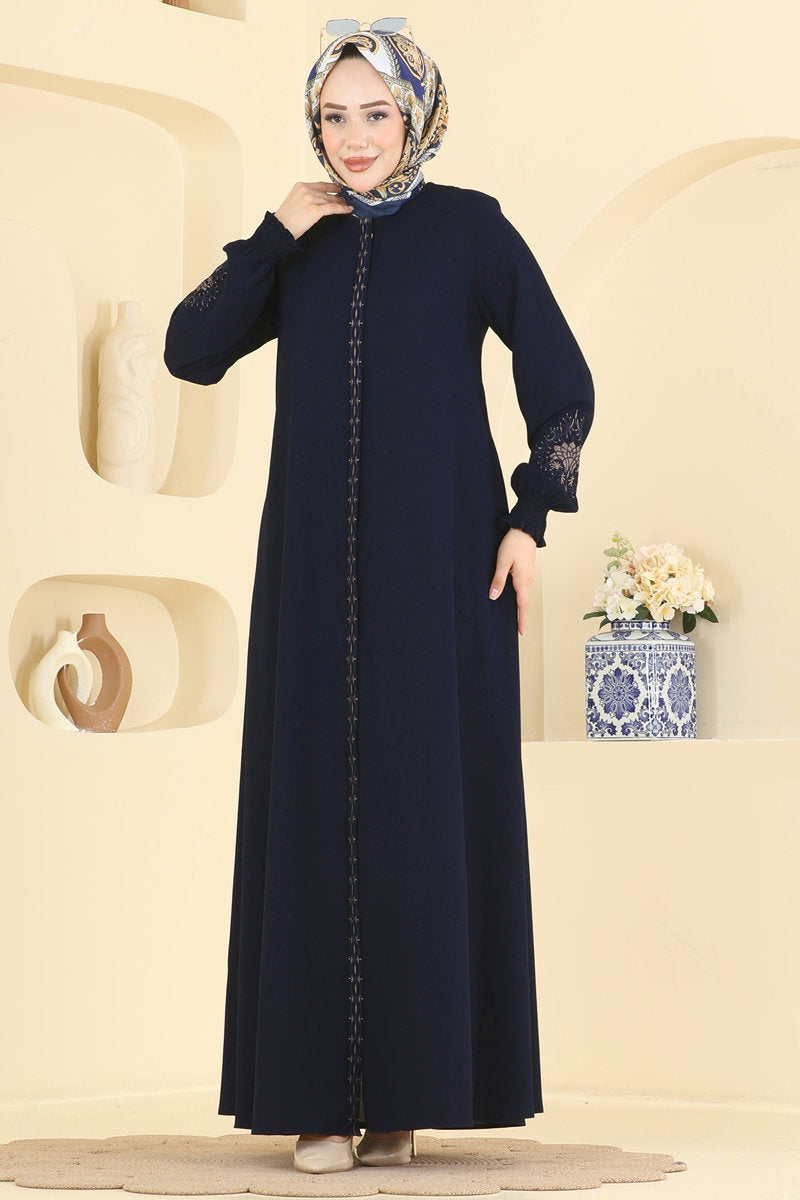 Embroidered Zip Abaya Coat - Navy