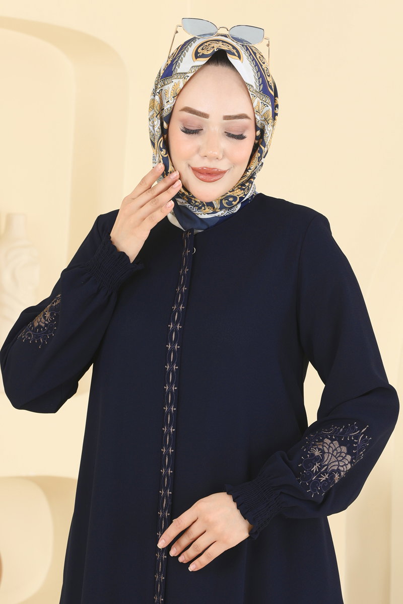 Embroidered Zip Abaya Coat - Navy