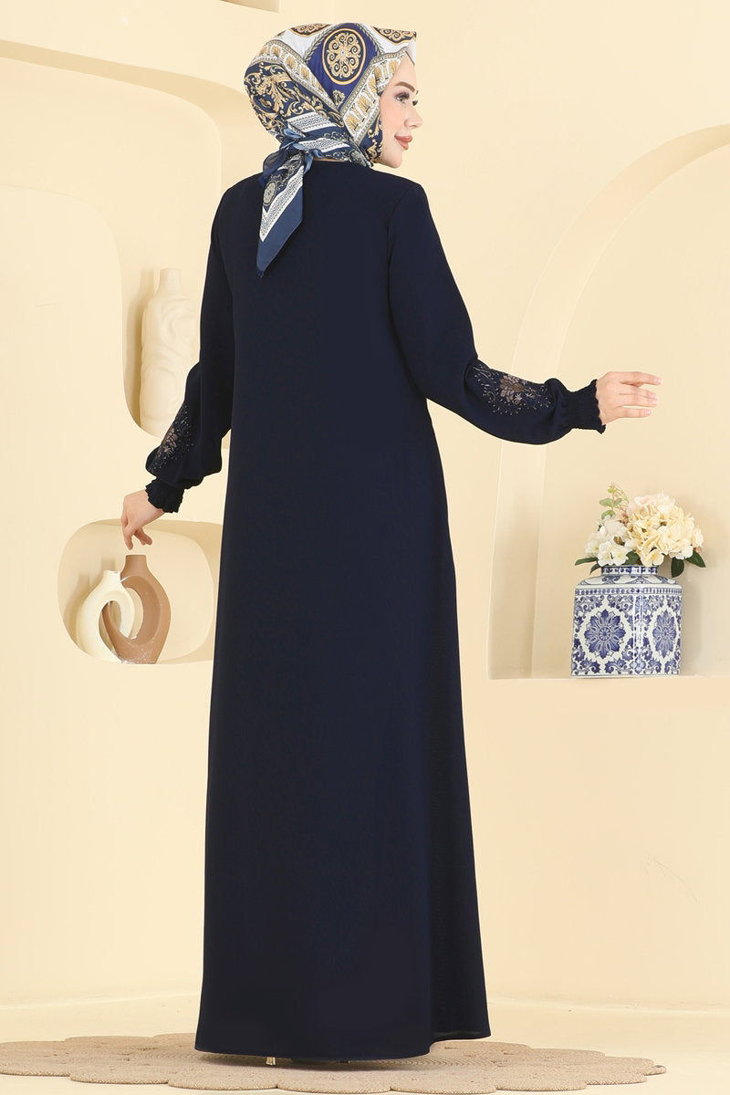 Embroidered Zip Abaya Coat - Navy