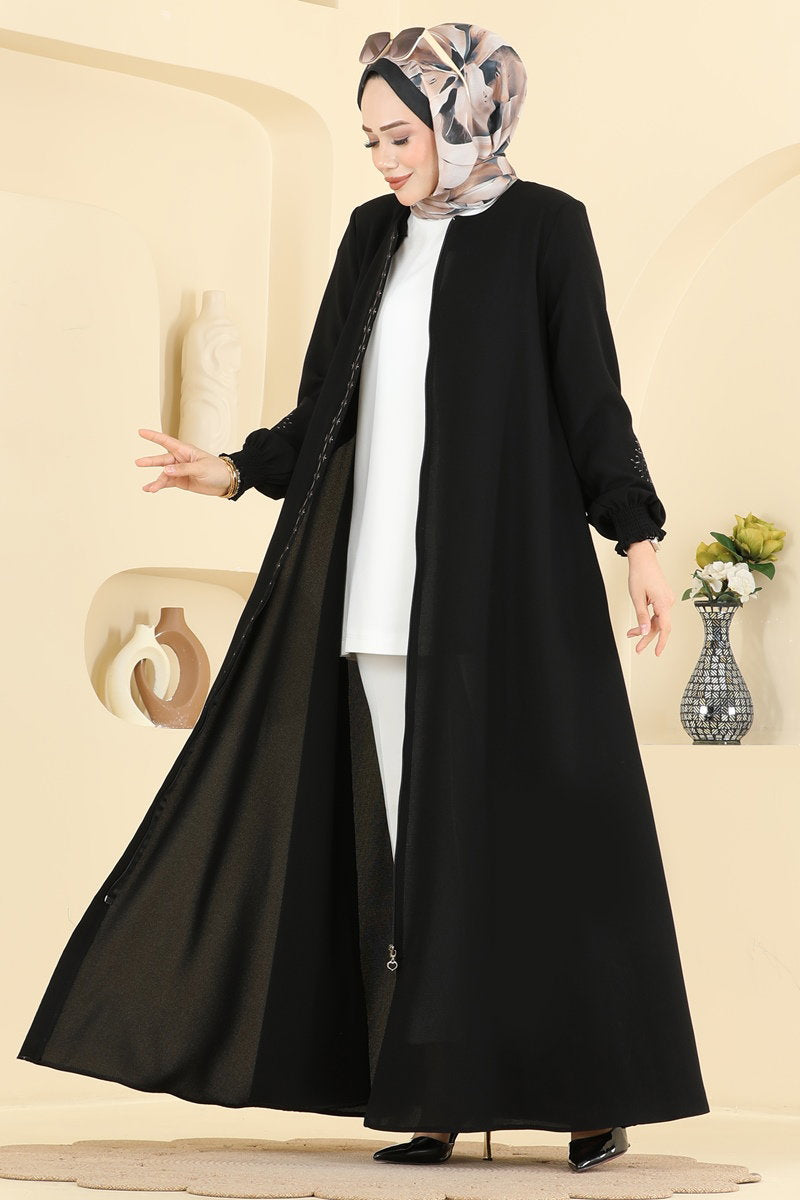 Embroidered Zip Abaya Coat - Black