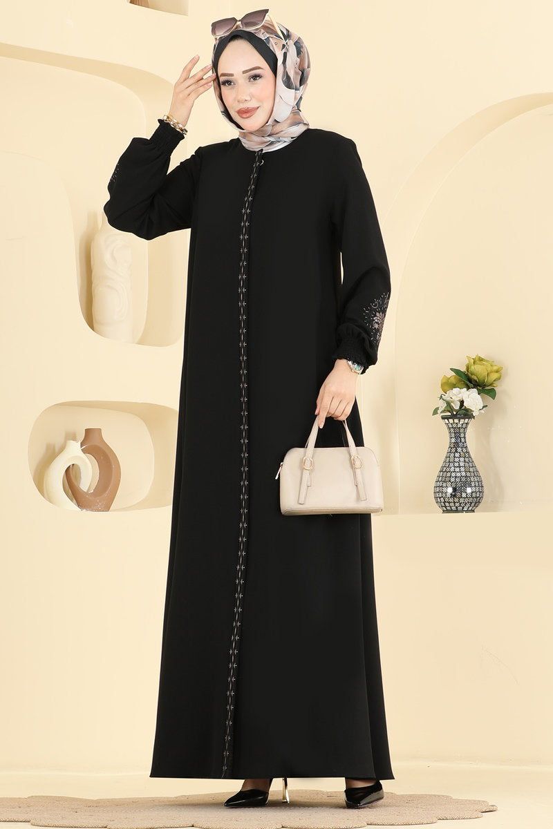 Embroidered Zip Abaya Coat - Black
