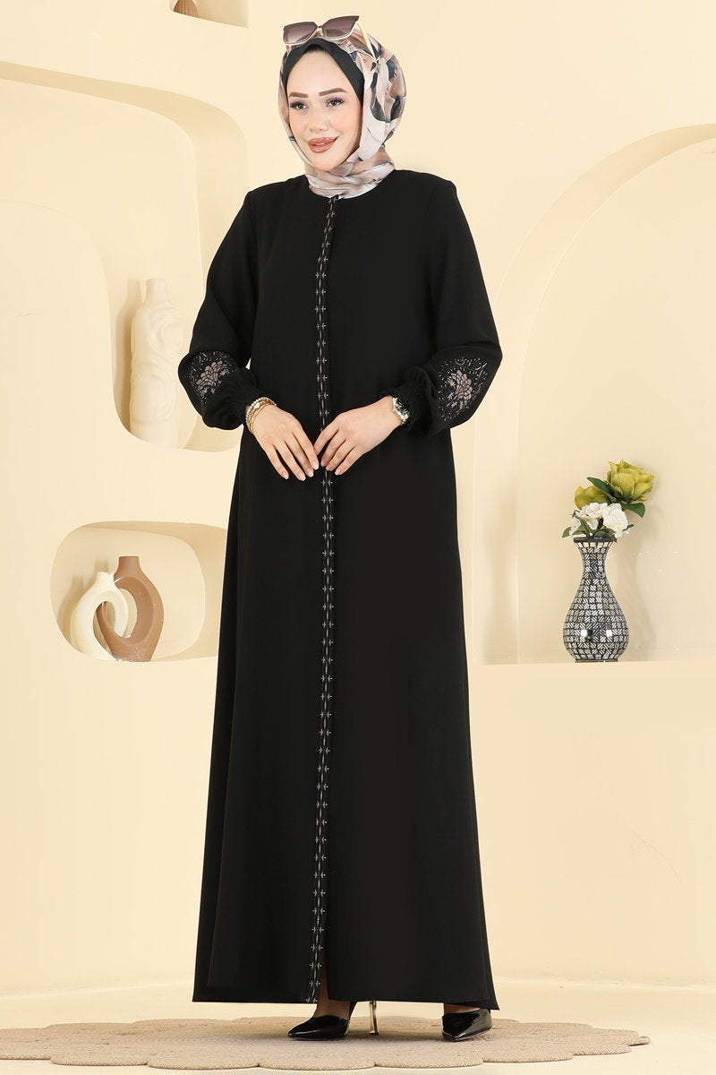 Embroidered Zip Abaya Coat - Black