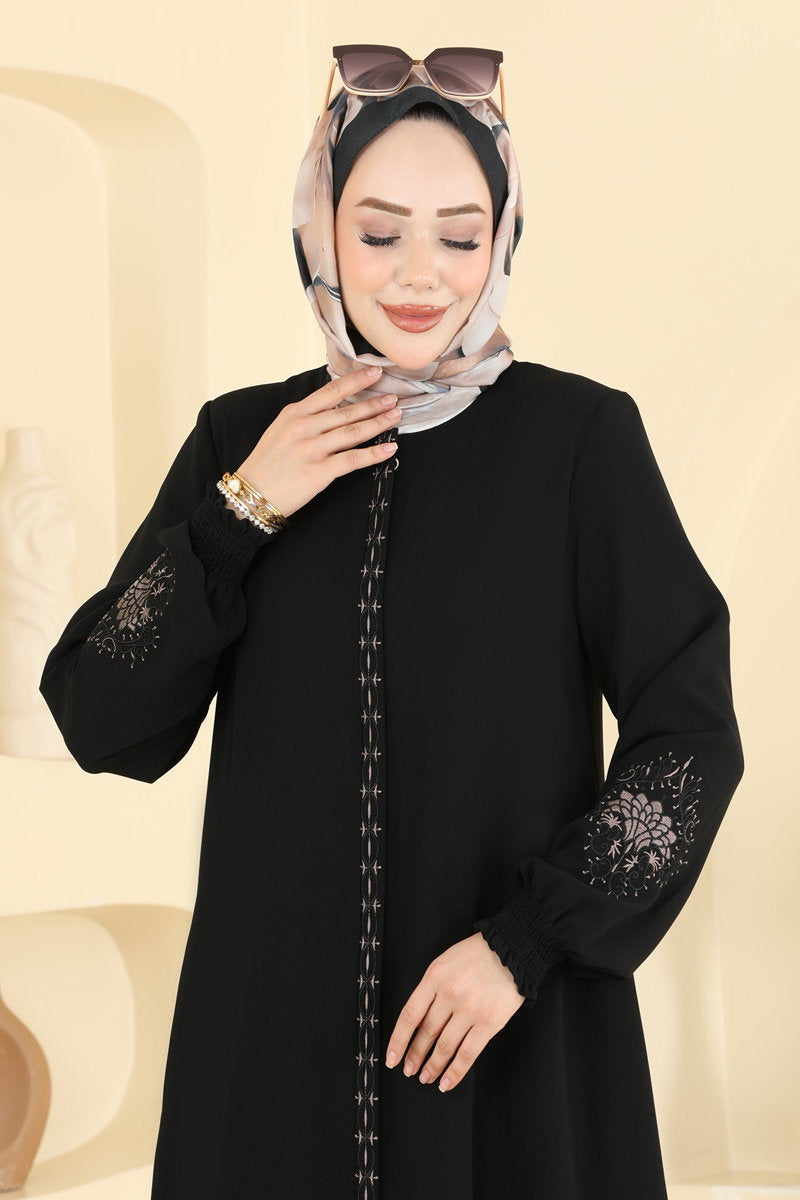 Embroidered Zip Abaya Coat - Black