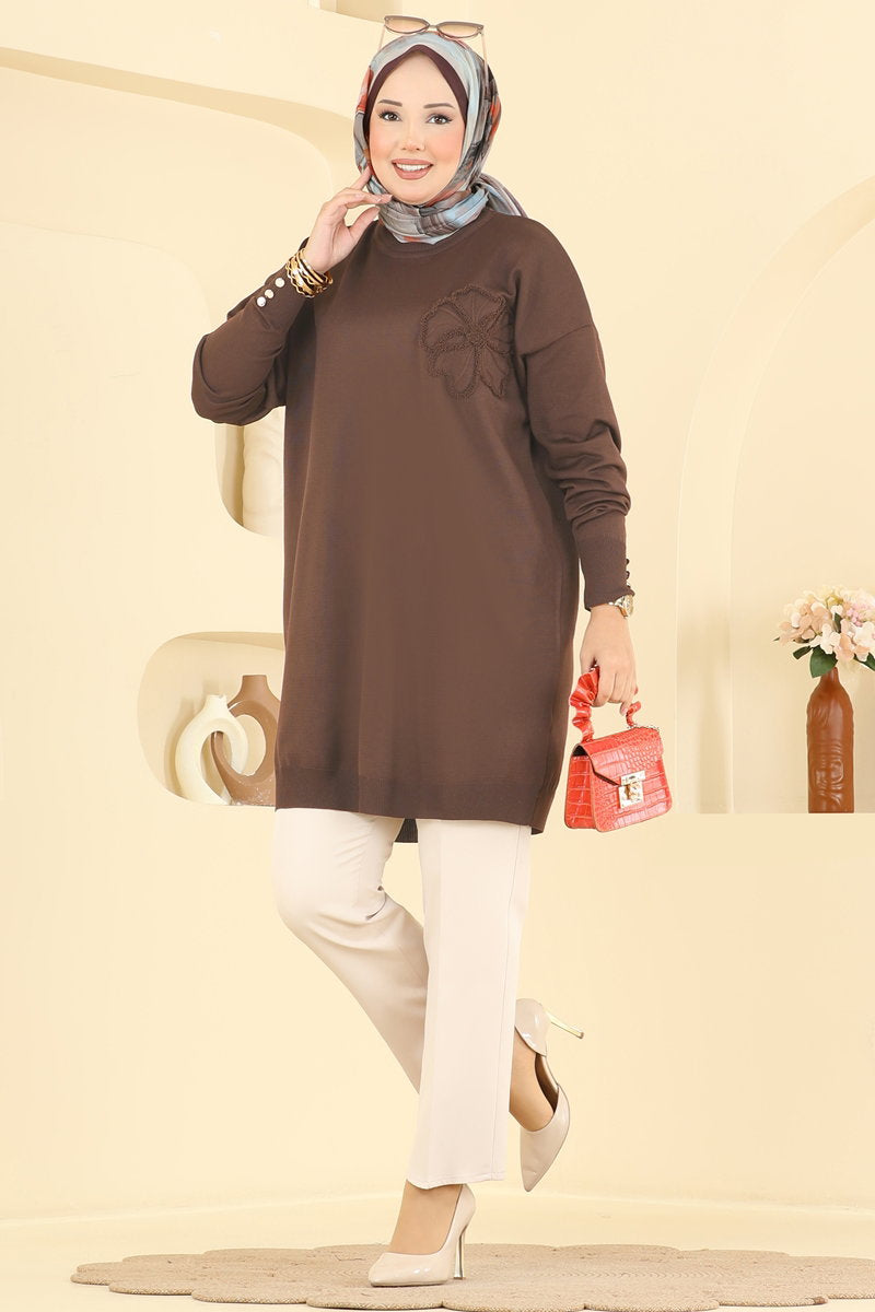 Embroidered Mercerised Tunic - Light Brown