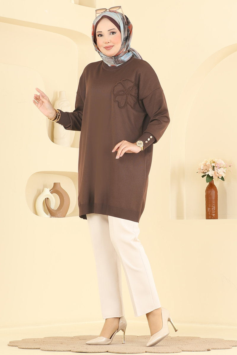 Embroidered Mercerised Tunic - Light Brown