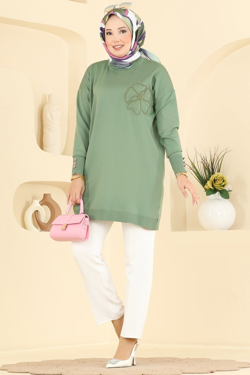 Embroidered Mercerised Tunic - Almond Green
