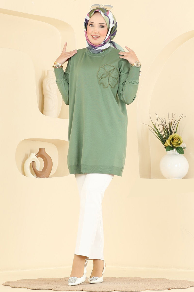 Embroidered Mercerised Tunic - Almond Green