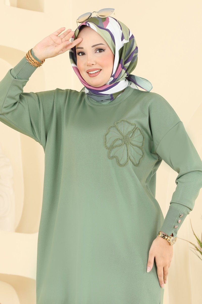 Embroidered Mercerised Tunic - Almond Green